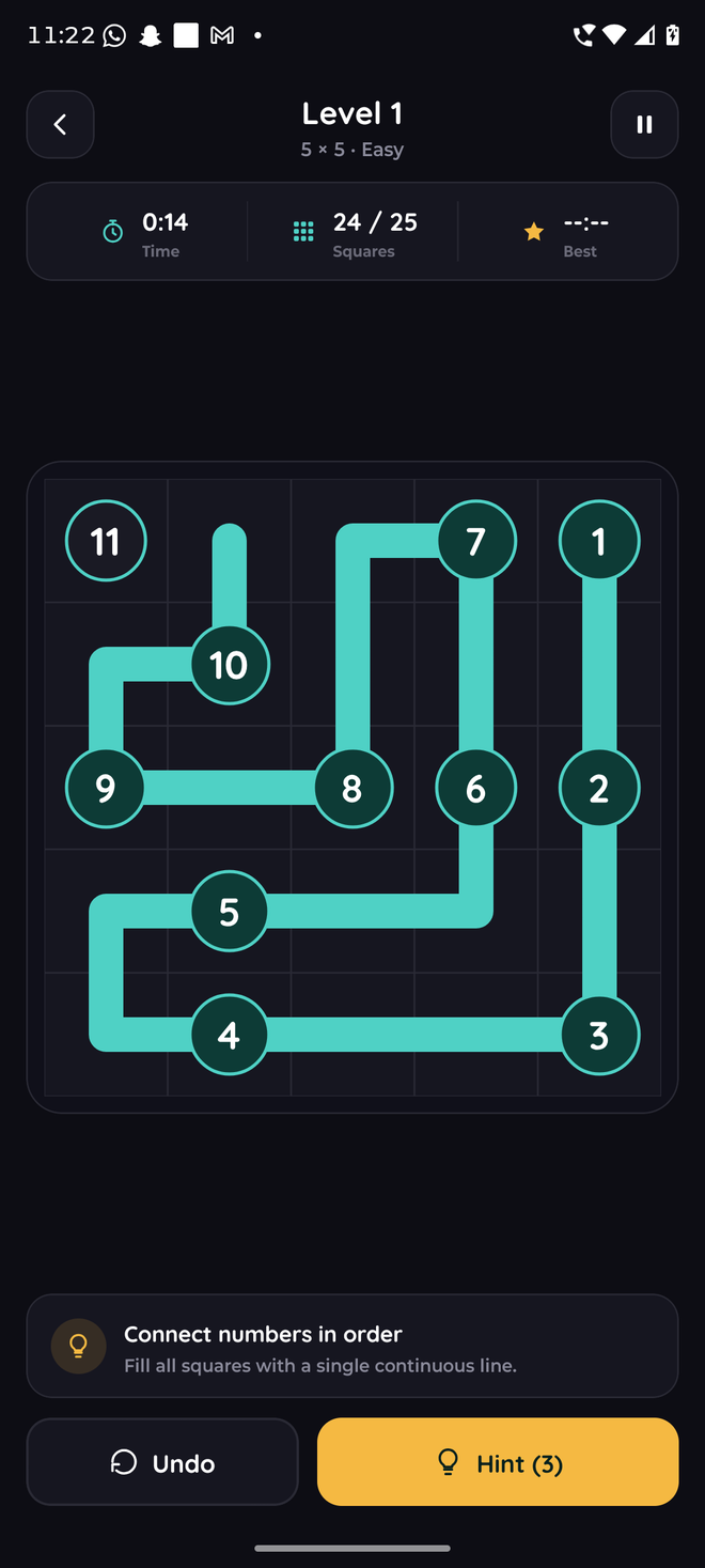 A five by five Zolku board mid-solve, with a teal path drawn through twenty-four of twenty-five squares