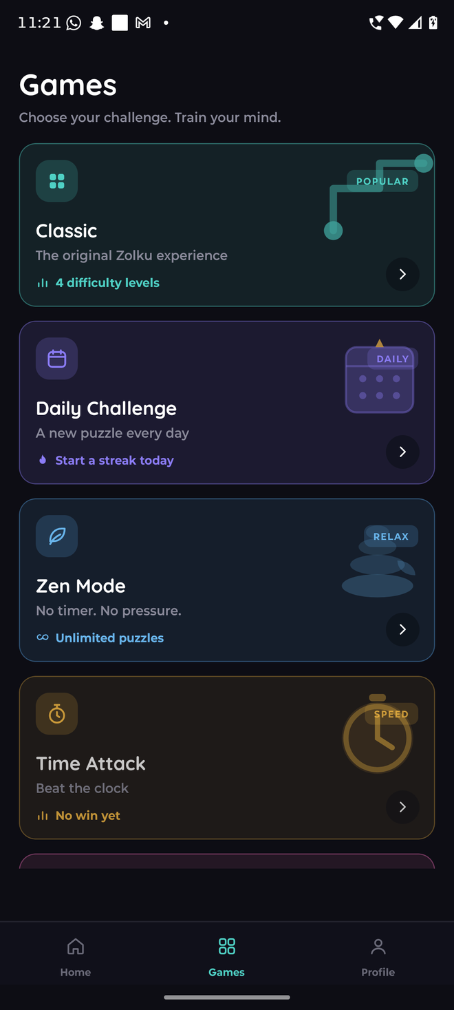 The Games screen listing Classic, Daily Challenge, Zen Mode, Time Attack, Weekly Puzzle and the locked Expert Vault