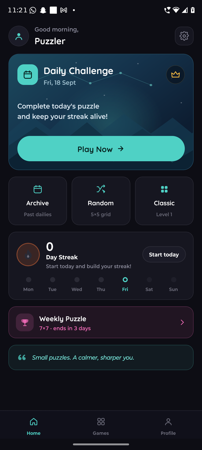 Zolku home screen: a greeting, the daily challenge card, quick actions, a streak week and the weekly puzzle
