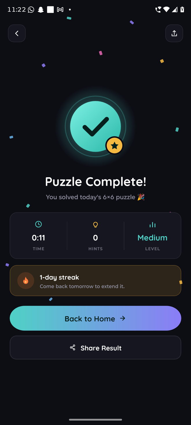 The completion screen showing a time of eleven seconds, no hints used, and a one day streak